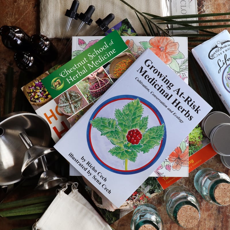 Grow Your Herb Garden $3K Giveaway prize package, including books, herbalism tools, and more, from the Chestnut School of Herbal Medicine and Mountain Rose Herbs.